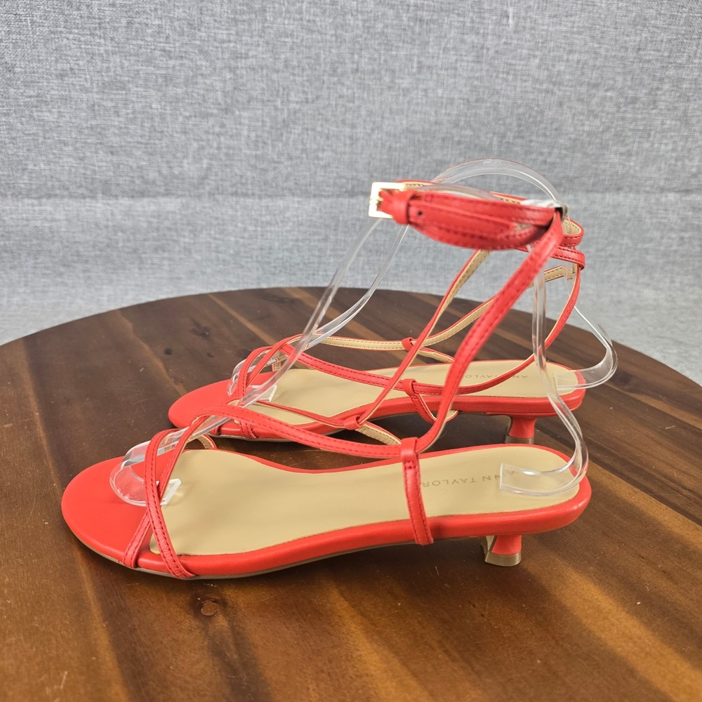 Ann Taylor Womens Coral Red Leather Strappy Ankle Strap Kitten Heel Sandals 6M - Picture 2 of 13